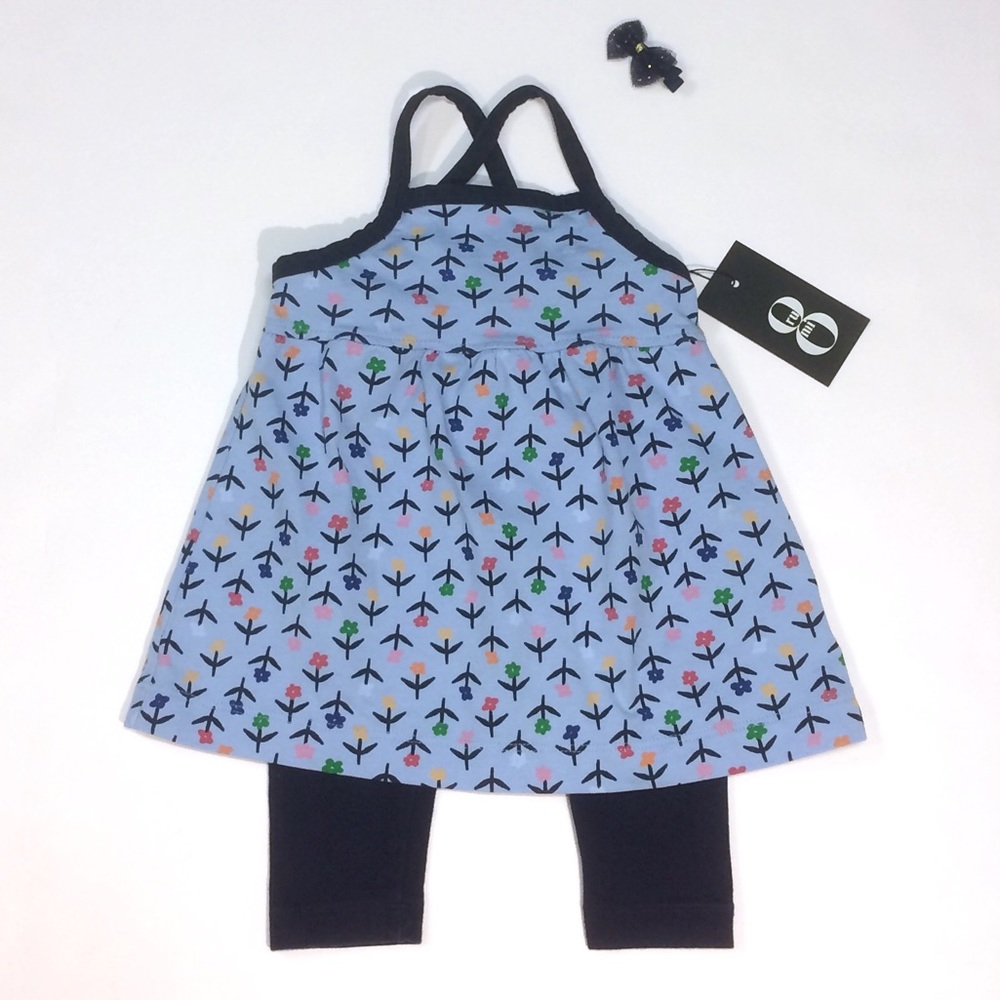 Hanna blue flower tank dress and Gymboree leggings